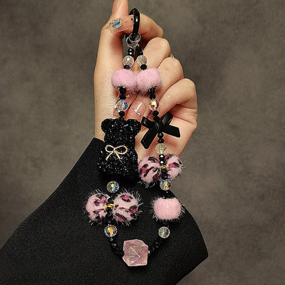 Cartoon Crystal Bear Phone Short Lanyard | Autumn & Winter New Plush Ball Wrist Chain with Luxury Beaded Pendant