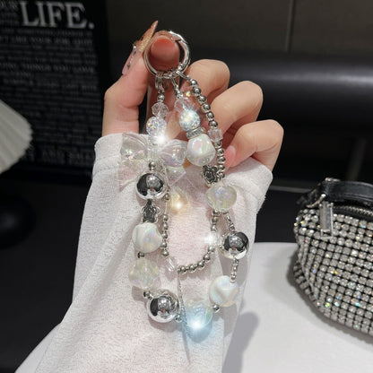 Electroplating Hand-Beaded Mobile Phone Lanyard | Anti-Loss Short Wrist Chain with Bow Pendant Decoration