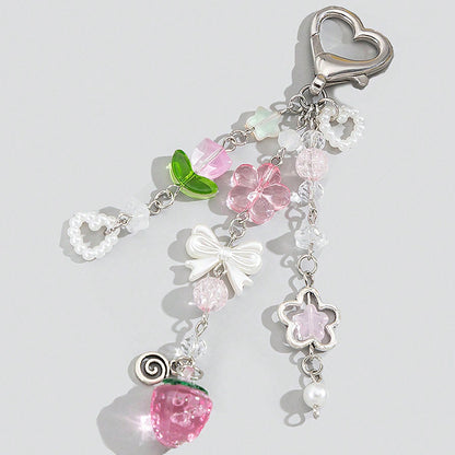 Imitation Pearl Bow Heart Pendant Bag Pendant Pink Strawberry Hollow Flower Tulip Beaded Keychain Accessories