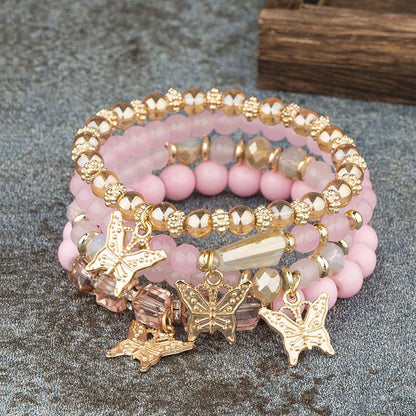 4Pcs Trendy Butterfly Beaded Bracelet Set | Women’s Bohemian Elastic Bangle—Pink Acrylic Jewelry Gift