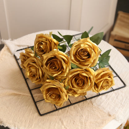 10 Heads Gold-Silver Artificial Silk Roses | DIY Wedding Floral Supplies | Bridal Bouquet & Home Decor Photo Props