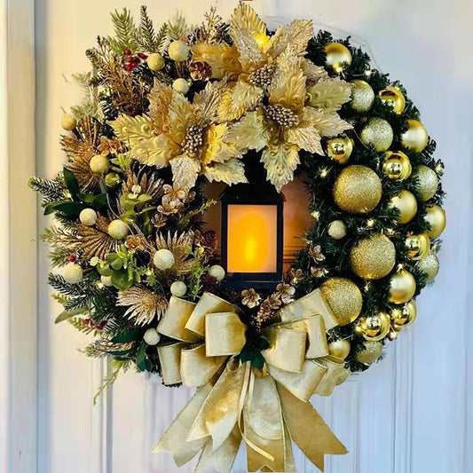 30cm Christmas Wreath With Lantern Front Door Garland Decoration With Large Bow Seasonal Christmas perfect Ornament For Wall