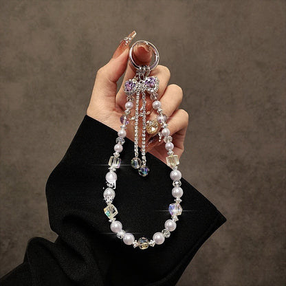 Luxury High-End Flash Diamond Bow Tassel Mobile Phone Chain Crystal Beaded Mobile Phone Lanyard Short Wrist Holding Chain