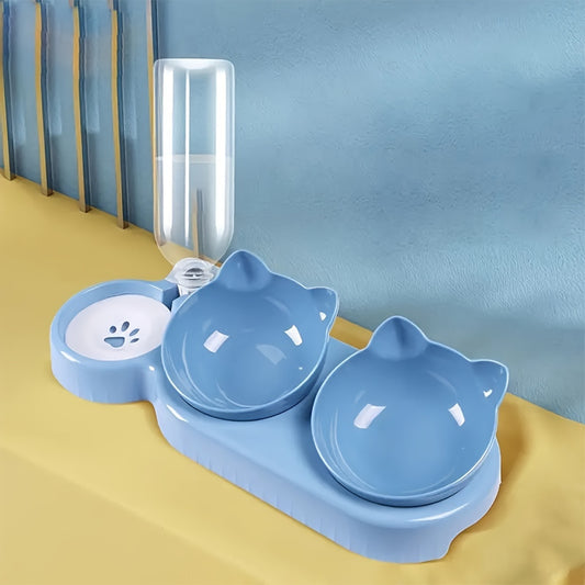 Anti slip tilted cat bowl with automatic water dispenser, non electric plastic pet feeding accessories