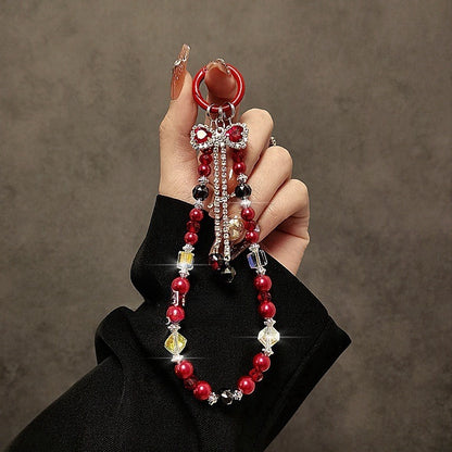 Luxury High-End Flash Diamond Bow Tassel Mobile Phone Chain Crystal Beaded Mobile Phone Lanyard Short Wrist Holding Chain