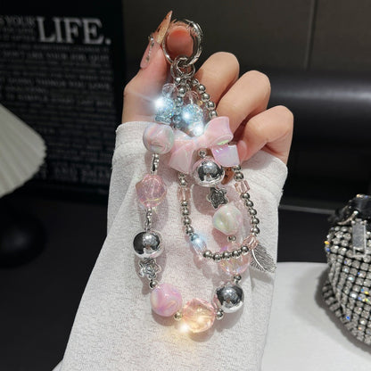 Electroplating Hand-Beaded Mobile Phone Lanyard | Anti-Loss Short Wrist Chain with Bow Pendant Decoration