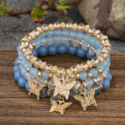 4Pcs Trendy Butterfly Beaded Bracelet Set | Women’s Bohemian Elastic Bangle—Pink Acrylic Jewelry Gift
