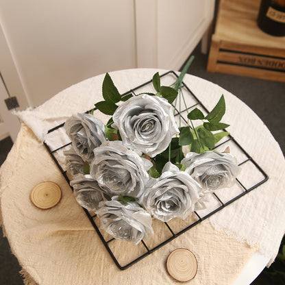 10 Heads Gold-Silver Artificial Silk Roses | DIY Wedding Floral Supplies | Bridal Bouquet & Home Decor Photo Props