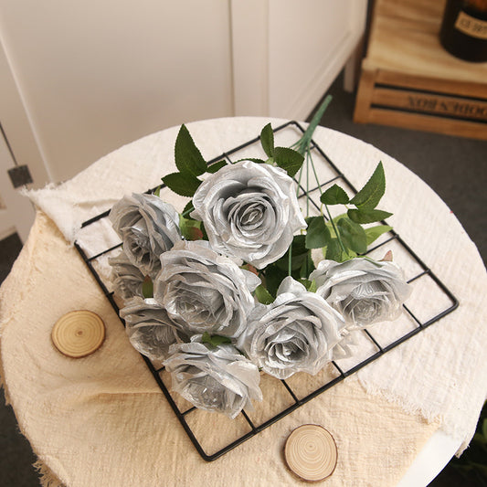 10 Heads of Gold-Silver Artificial Roses (Silk Material) – DIY Wedding Floral Arrangement Supplies, Bridal Bouquets, Home Decor, Photo Props