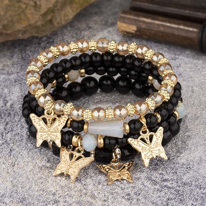 4Pcs Trendy Butterfly Beaded Bracelet Set | Women’s Bohemian Elastic Bangle—Pink Acrylic Jewelry Gift