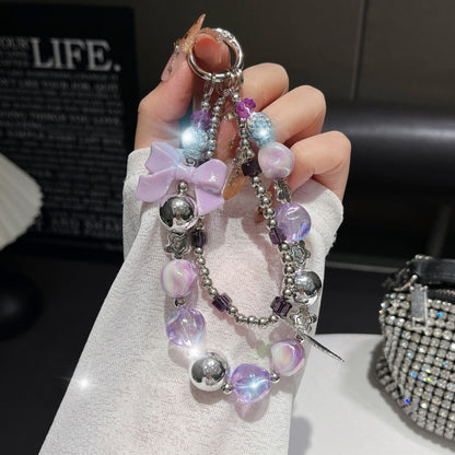 Electroplating Hand-Beaded Mobile Phone Lanyard | Anti-Loss Short Wrist Chain with Bow Pendant Decoration