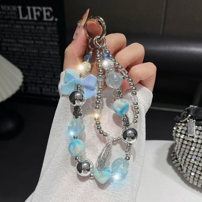 Electroplating Hand-Beaded Mobile Phone Lanyard | Anti-Loss Short Wrist Chain with Bow Pendant Decoration