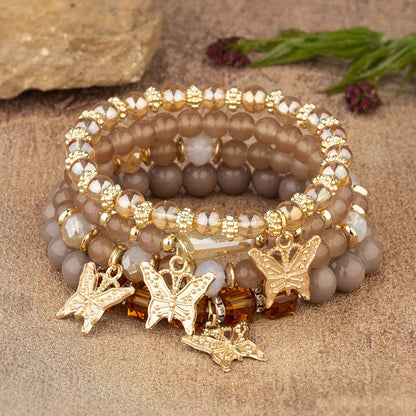 4Pcs Trendy Butterfly Beaded Bracelet Set | Women’s Bohemian Elastic Bangle—Pink Acrylic Jewelry Gift