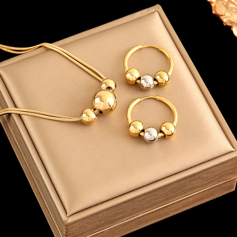 Stainless Steel Gold Plated Bead Pendant Necklace Earrings Jewelry Set For Women's Fashion Jewelry Decorative