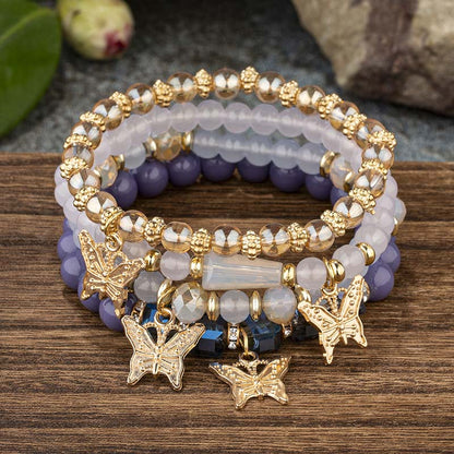 4Pcs Trendy Butterfly Beaded Bracelet Set | Women’s Bohemian Elastic Bangle—Pink Acrylic Jewelry Gift
