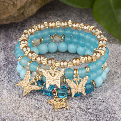 4Pcs Trendy Butterfly Beaded Bracelet Set | Women’s Bohemian Elastic Bangle—Pink Acrylic Jewelry Gift