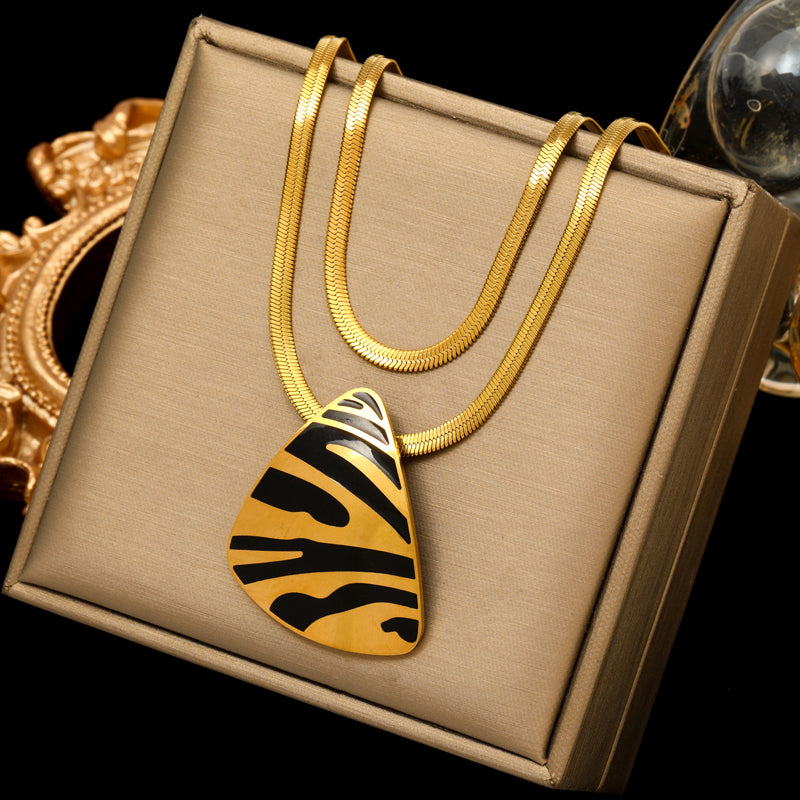 Stainless Steel Round Square Tiger Stripe Pendant Necklace For Women Fashion 2-Layer Neck Design Chian Waterproof Jewelry