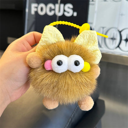 Natural Fox Fur Keychain Fluffy 2024 New Bow Coal Ball Keychain Beautiful Bag Accessories Women's Car Keychain