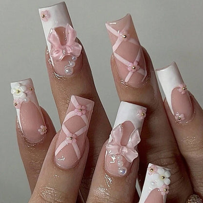 Best - selling Press - on Nail Art Pieces with Flower & Rhinestone Design, Western Y2K Style, Detachable Fake Nails