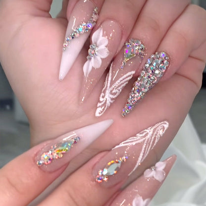 Best - selling Press - on Nail Art Pieces with Flower & Rhinestone Design, Western Y2K Style, Detachable Fake Nails