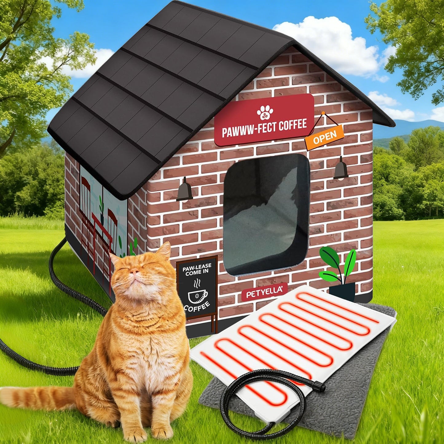 Deluxe Heated Cat House For Winter | Weatherproof & Insulated | Easy Assembly | Cat Heating Pad | Dual Escape Doors | Outdoor & Indoor Use | Blue Tiles Pethouse