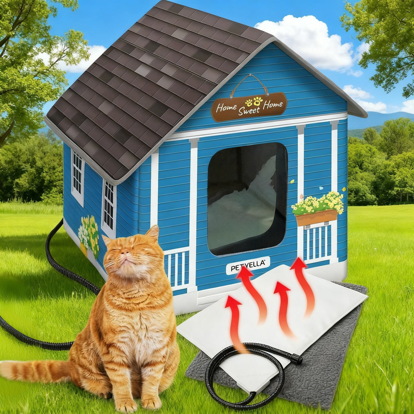 Deluxe Heated Cat House For Winter | Weatherproof & Insulated | Easy Assembly | Cat Heating Pad | Dual Escape Doors | Outdoor & Indoor Use | Blue Tiles Pethouse