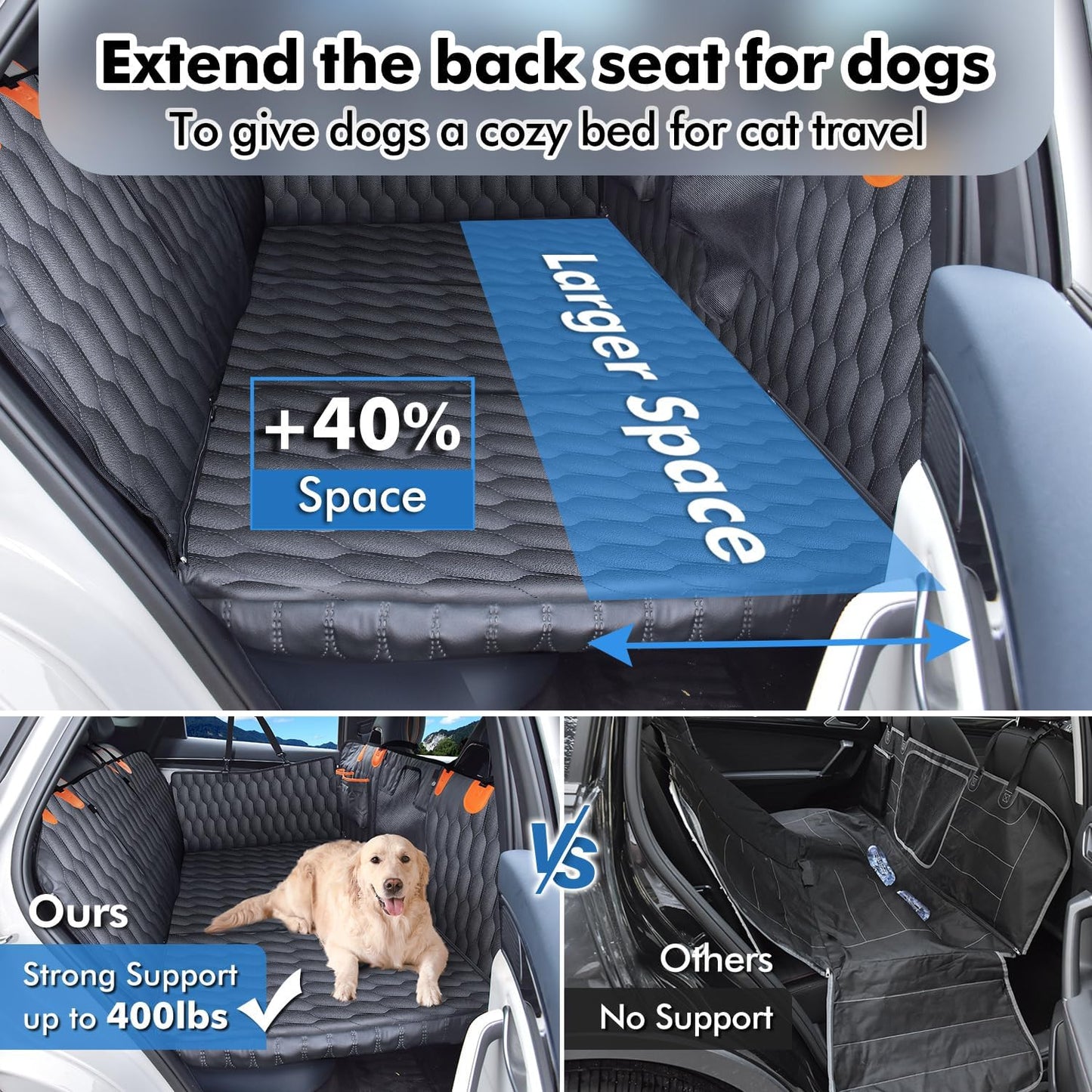 Dog Rear Seat Extender | 400 Lbs Load-Bearing | Waterproof Dog Car Seat Cover | Removable Hard Base | 600D Heavy-Duty Material | Car Dog Hammock | For SUVs - Grey