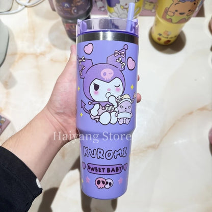 900ML Stainless Steel Insulated Cup Anime Cute Student Drinking Straw Cup High Capacity Coffee Cup