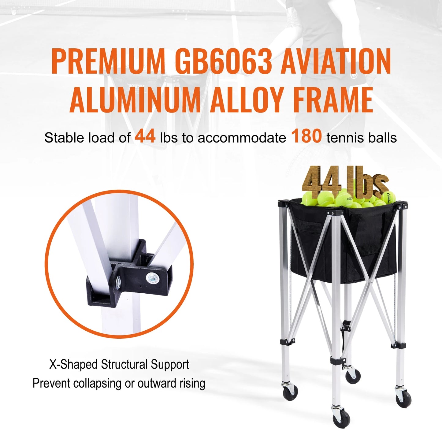 Foldable Tennis Ball Cart Holds 150/180 Tennis Balls Basket Hopper with Wheels for Sports Teaching Baseball Trolley