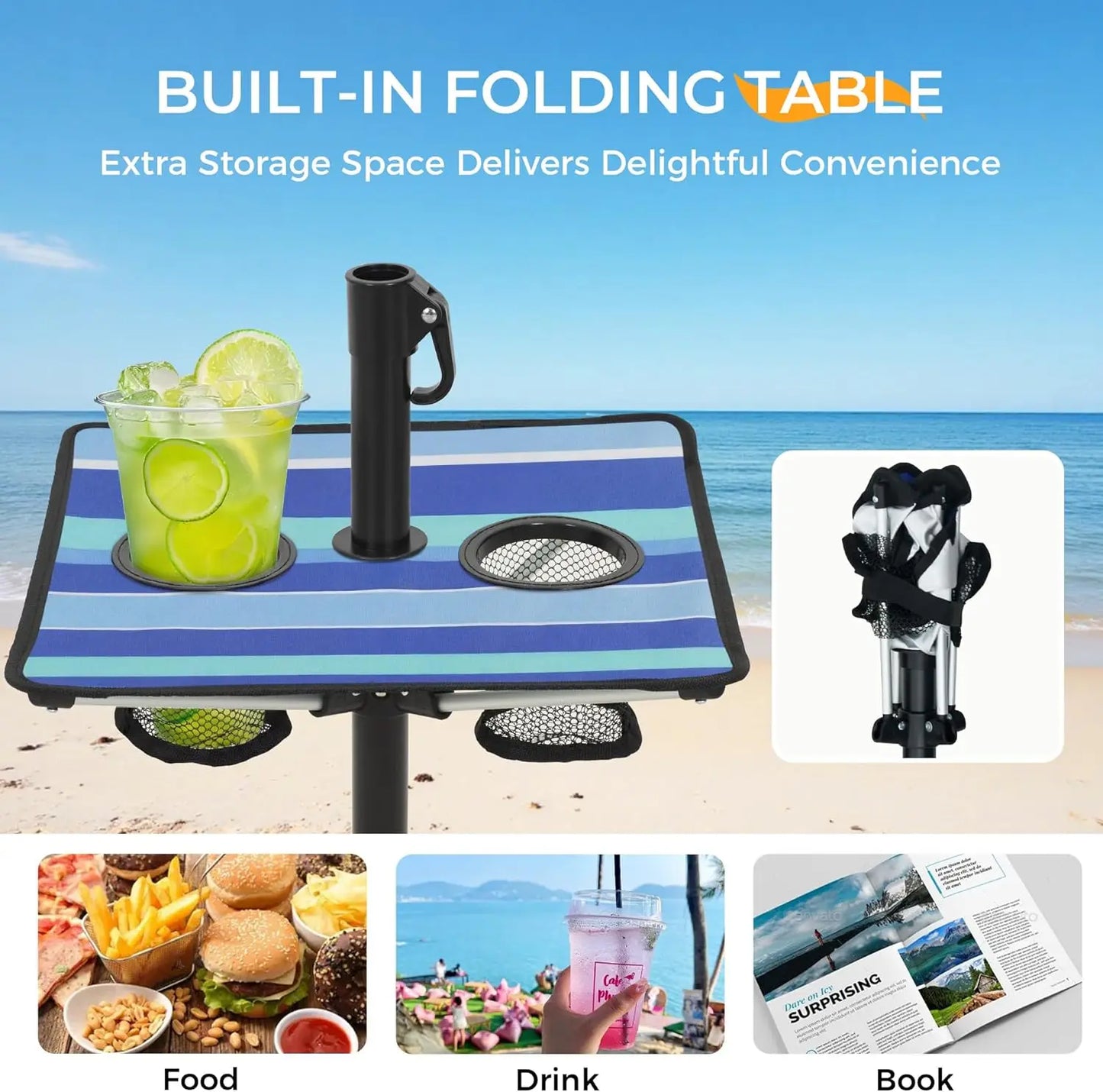 7FT Heavy Duty Windproof Beach Umbrella with Table & Anchor, UPF 50+ Sun Protection, Adjustable Aluminum Pole
