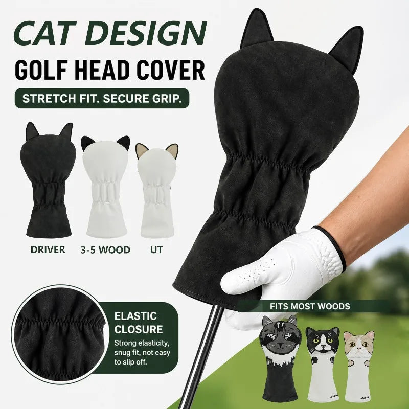 Cute Cat Embroidery Golf Headcover Driver Fairway Wood Hybrid Mallet Putter Golf Cover PU Waterproof Plush Inner Golf Protection