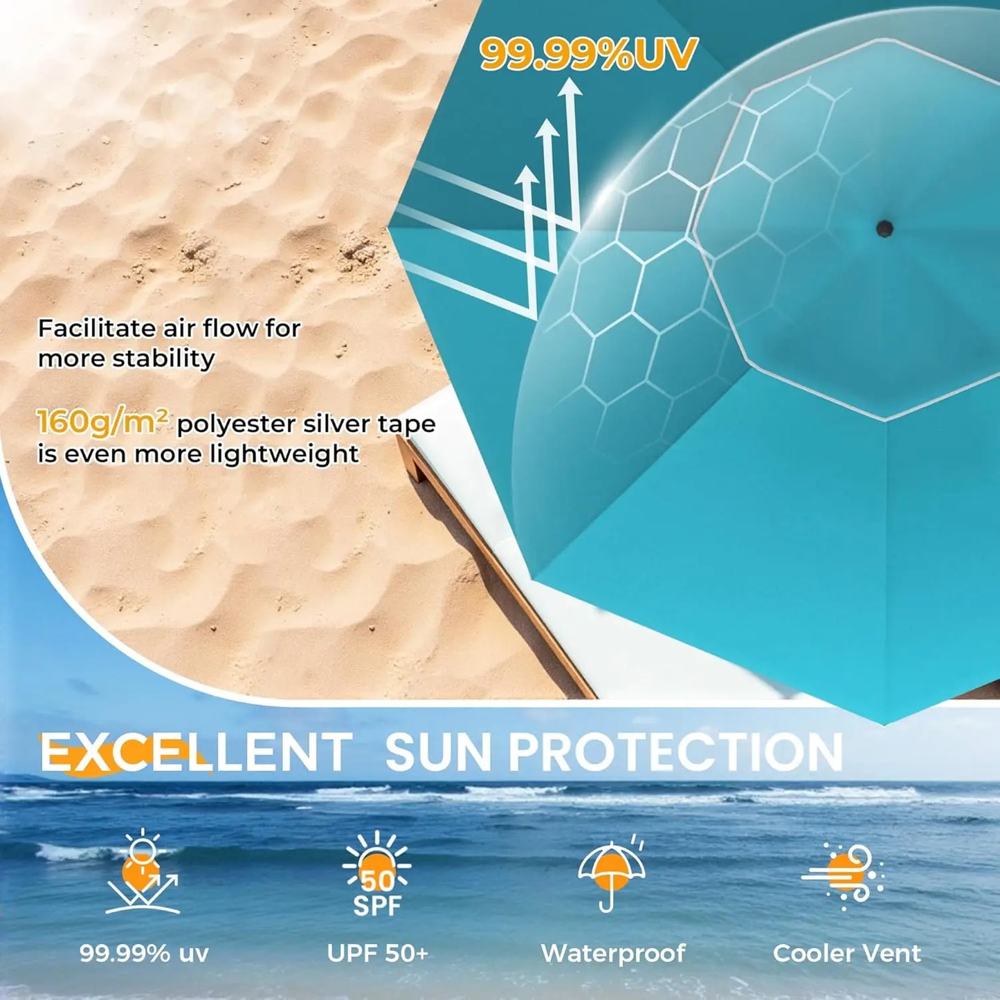 7FT Portable Folding Beach Umbrella for Sun Protection at Outdoor Events, Easy Setup