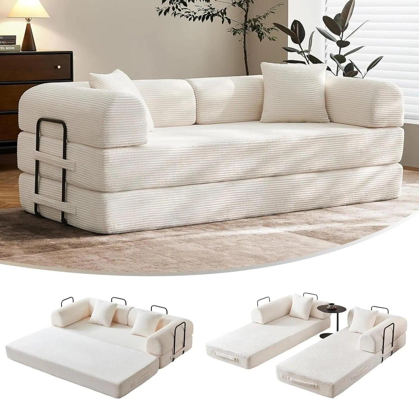 79" Corduroy Floor Sofa Bed, Convertible Modular Sleeper Sofa, Removable Parts Design, Comfortable Seating and Sleeping, for Fam