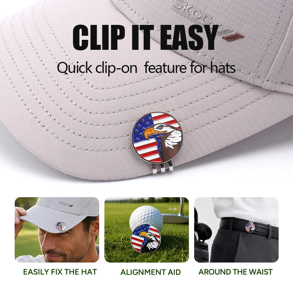 Funny American Flag Golf Ball Marker with Magnetic Hat Clip, USA Eagle Golf Accessories Gifts for Men Women, Removable Hat Clip
