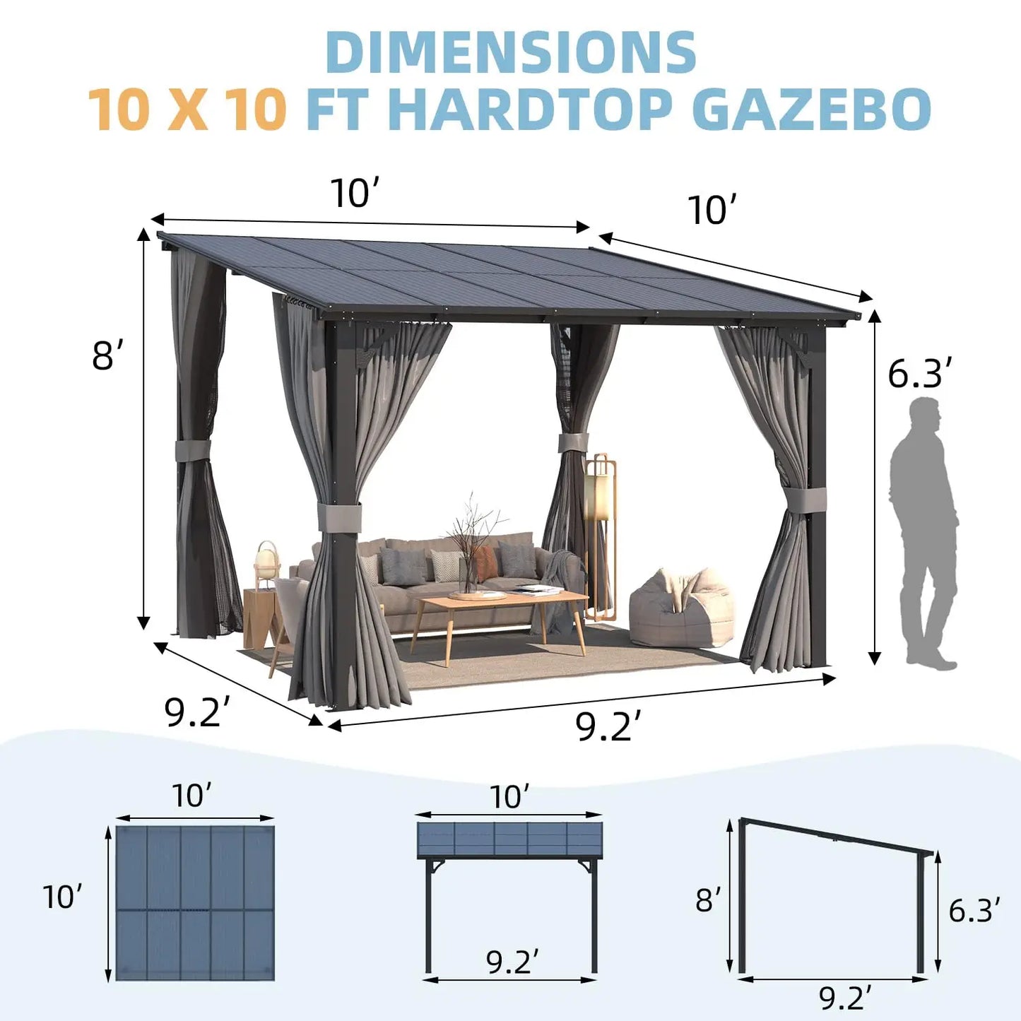 10’ x 10’ Gazebo, Wall Mounted Gazebos Pergola with Curtains and Mosquito Netting, Enhanced Protective Outdoor, Customized