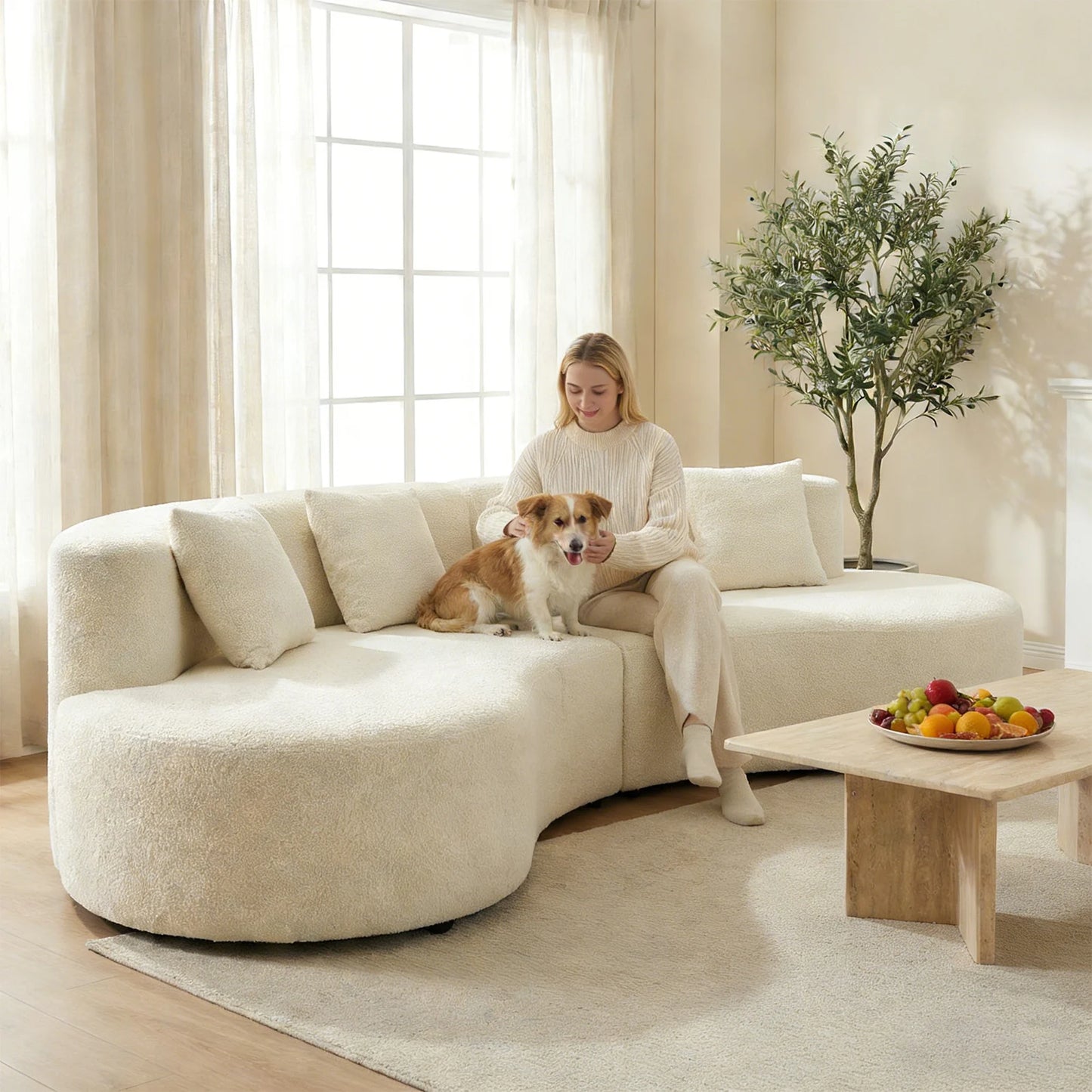 Modern Curved Couch 4 Seat Minimalist Elegant Half Moon Sofa Compressed Modular Sectional Sofa for Home Living Room Cream White