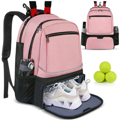 Large Capacity Tennis Backpack Sports Racket Pack Holds 1-2 Tennis Rackets Outdoor Badminton Bag With Shoe Pocket Black Pink