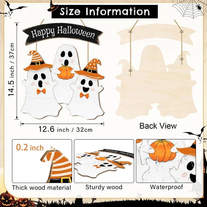 Halloween Ghost Door Sign | "BOO" Wooden Hanging Decor | Pumpkin & Wreath Party Decor