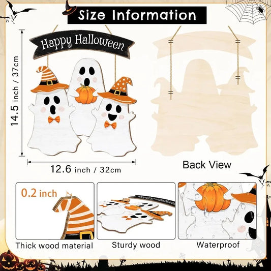 Halloween Ghost Door Sign - BOO Wooden Hanging Decor for Front Door, Yard or Wall - Pumpkin & Wreath Party Decorations