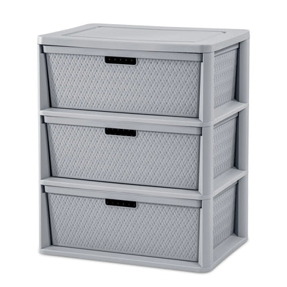 Wide 3 Drawer Tower, Plastic Storage Organizer with Removable Decorative Bins, Easy to Assemble - No Tools Needed, Gray