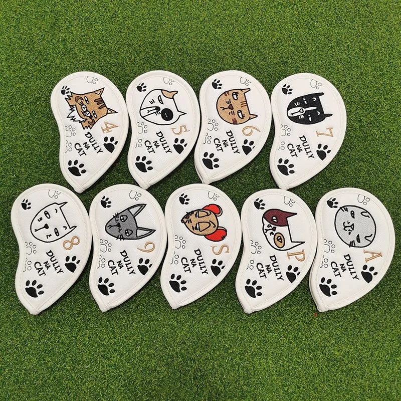 Cute Cartoon Cat Golf Iron Headcover Set PU Waterproof Golf Club Protective Covers Golf Accessories