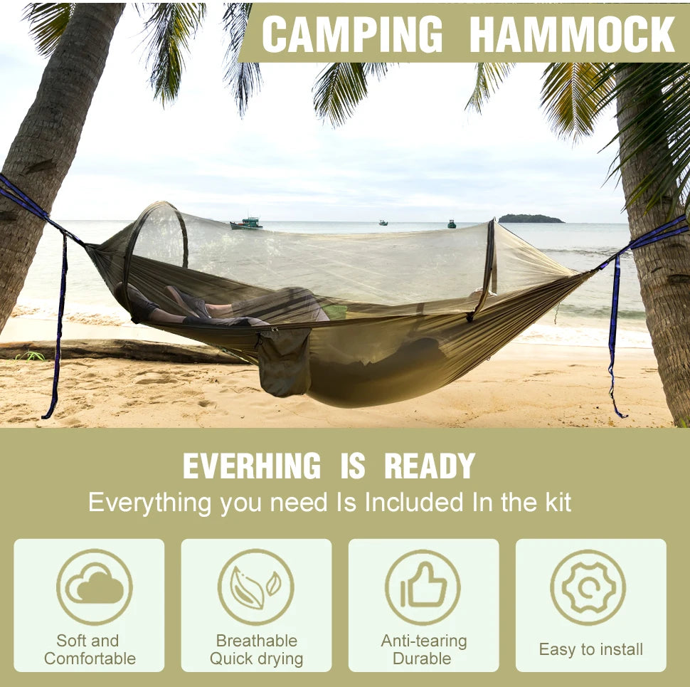 Outdoor Camping Hammock with Mosquito Net | Automatic Quick Opening Hanging Hammocks Fabric Hanging Sleeping Swing Bed