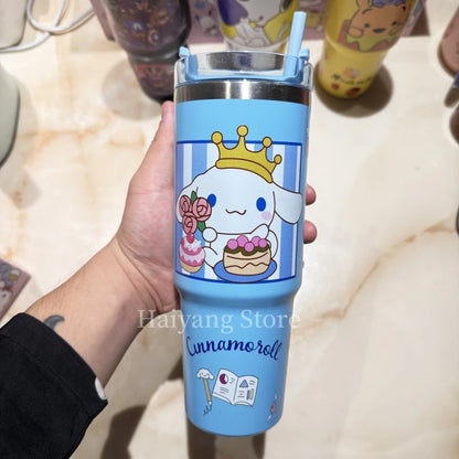 900ML Stainless Steel Insulated Cup Anime Cute Student Drinking Straw Cup High Capacity Coffee Cup