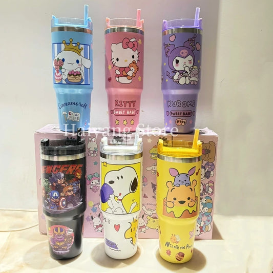 Hello Kitty 900ML Stainless Steel Insulated Cup Anime Cute Student Drinking Straw Cup High Capacity Coffee Cup Rapid Delivery