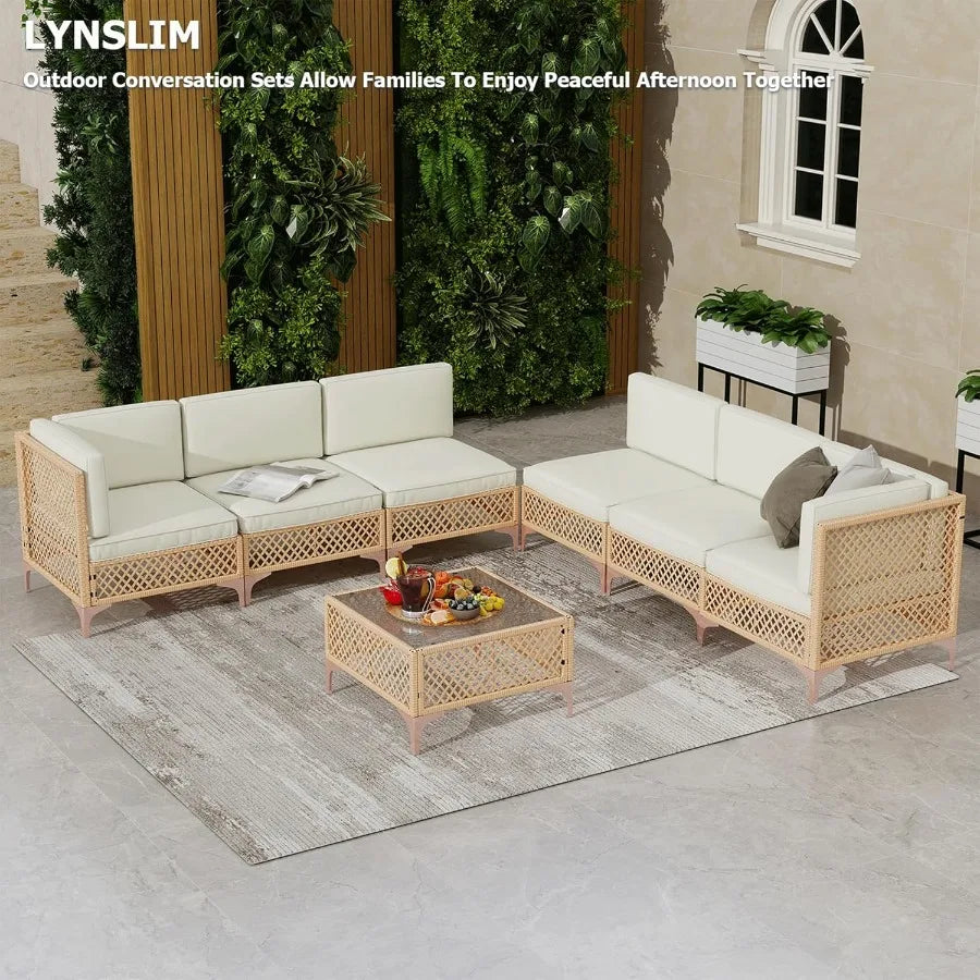 Outdoor Patio Furniture Set Wicker Outdoor Sectional Set for Backyard Relaxation Boho Style Conversation Sofa with Larg