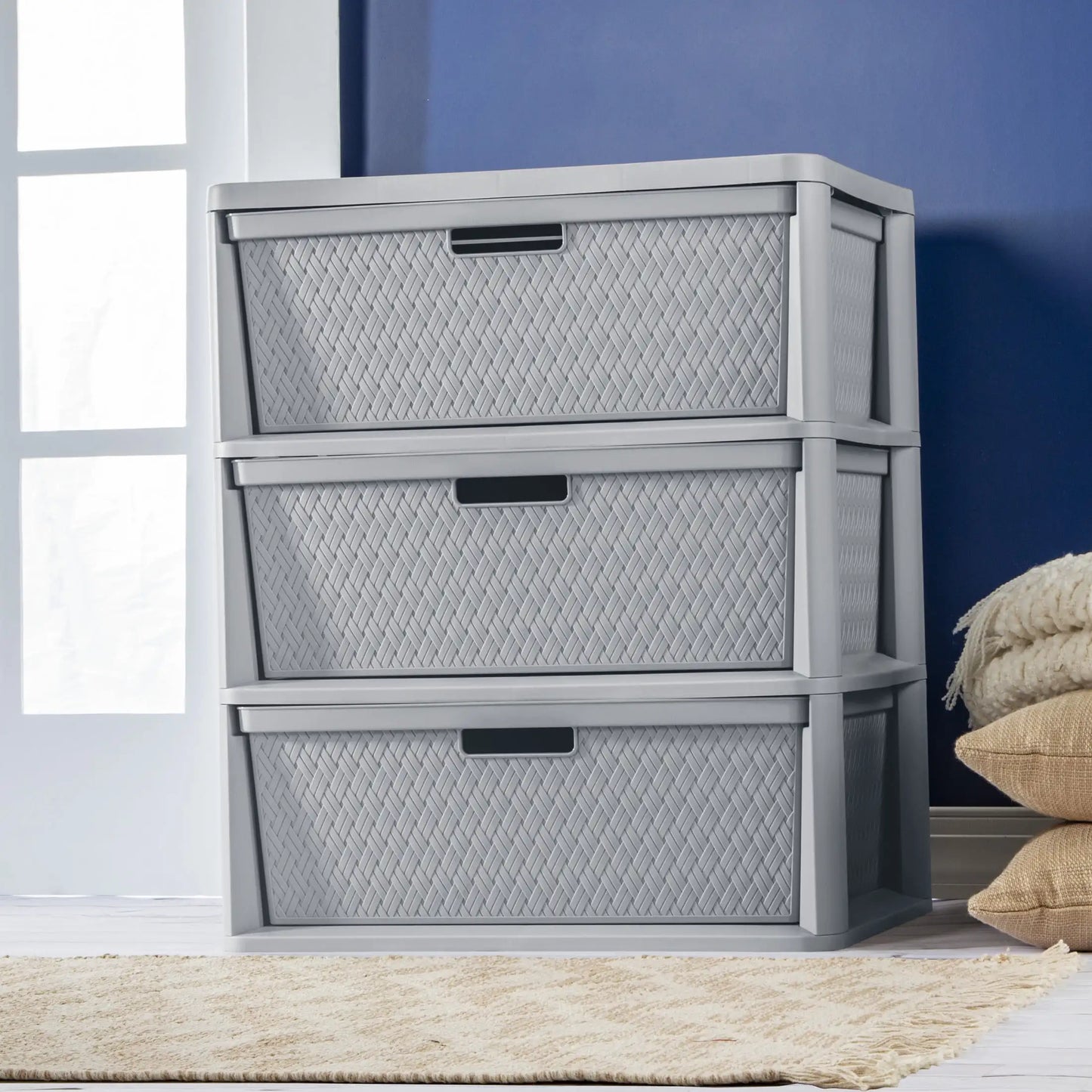 Wide 3 Drawer Tower, Plastic Storage Organizer with Removable Decorative Bins, Easy to Assemble - No Tools Needed, Gray