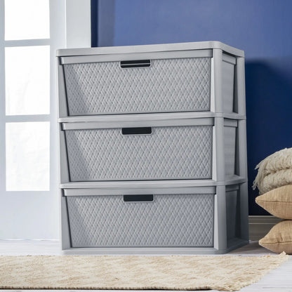 Wide 3 Drawer Tower, Plastic Storage Organizer with Removable Decorative Bins, Easy to Assemble - No Tools Needed, Gray