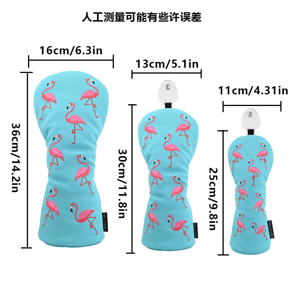 Cute Flamingo Embroidery Golf Headcover Waterproof PU Driver Fairway Wood Hybrid Golf Cover Golf Protection Accessories