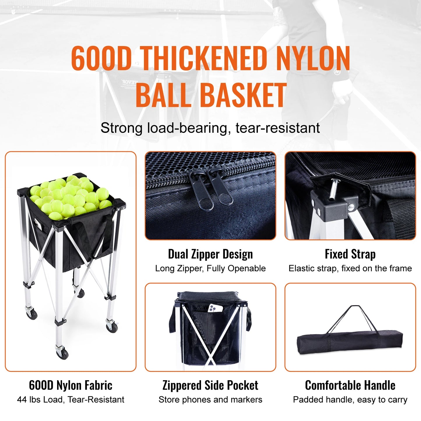 Foldable Tennis Ball Cart Holds 150/180 Tennis Balls Basket Hopper with Wheels for Sports Teaching Baseball Trolley