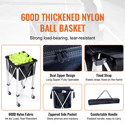 Foldable Tennis Ball Cart Holds 150/180 Tennis Balls Basket Hopper with Wheels for Sports Teaching Baseball Trolley